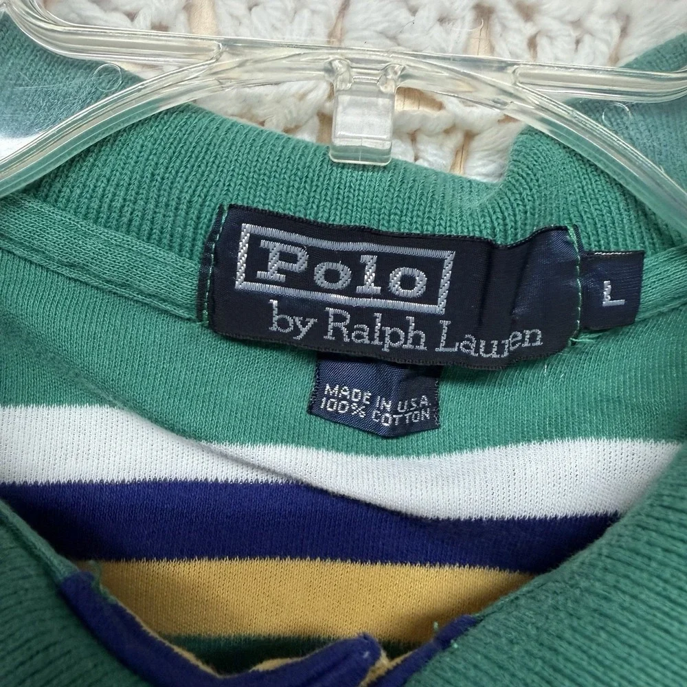 Polo Ralph Lauren Shirt Men L Green Blue White Stripe Red Pony Polo Vtg USA Made
